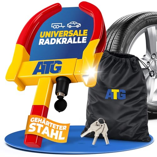 ATG Parkkralle Radkralle für Auto & Anhänger – Universelle Reifenkralle als Wegfahrsperre Auto – Diebstahlsicherung Anhänger für PKW, Wohnwagen, Wohnmobil & Motorrad – Reifenbreite 18–28 cm