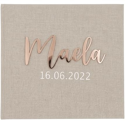 Personalisiertes Baby Fotoalbum & Gästebuch – Mein erstes Jahr – Datum - Leinen Album mit Name aus Acryl & Wunschtext – 60 Seiten – Geschenk zur Geburt Taufe Baby