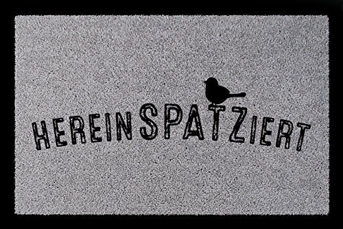Interluxe TÜRMATTE Fußmatte HEREINSPAZIERT Vogel Willkommen Flur Eingang Einzug Geschenk Hellgrau