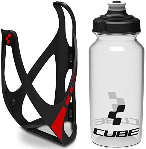 Cube HPP Cage - Matt Black/Red & Icon Bottle - Clear, 750ml / Water Drink Flask Vessel Bidon Holder Mount Bracket Kit Lightweight Plastic Drinking Hydration Biking Bike Riding Frame Accessories