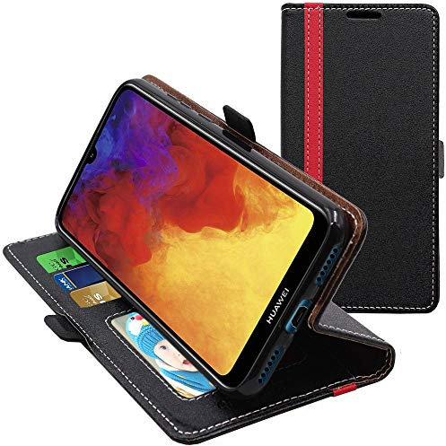 ebestStar - Cover per Huawei Y6 2019, Custodia Libro Protezione Portafoglio, Pelle PU Porta Carte, Nero/Rosso
