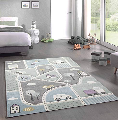 CARPETIA Teppich Kinderzimmer Kinderteppich Matte Auto blau grün Größe 80x150 cm