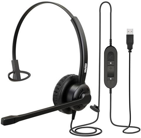 Mairdi USB Headset mit Mikrofon für PC, Mono Teams Headset für Computer Laptop Büro CallCenter, Laptop Headset für Business Softphone Skype Chat Telefon Konferenz Webinar Dragon Spracherkennung