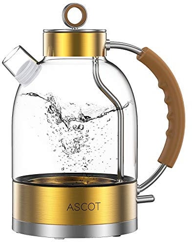 Electric Kettle, ASCOT Electric Tea Kettle 1.7QT, 1500W Glass Electric Kettle,Gold Stainless Steel, BPA-Free, Cordless, Automatic Shutoff, Boil-Dry Protection
