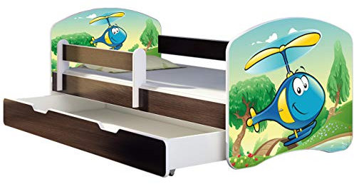 ACMA Kinderbett Jugendbett mit Einer Schublade und Matratze Wenge mit Rausfallschutz Lattenrost II 140x70 160x80 180x80 (35 Hubschrauber, 180x80 + Bettkasten)