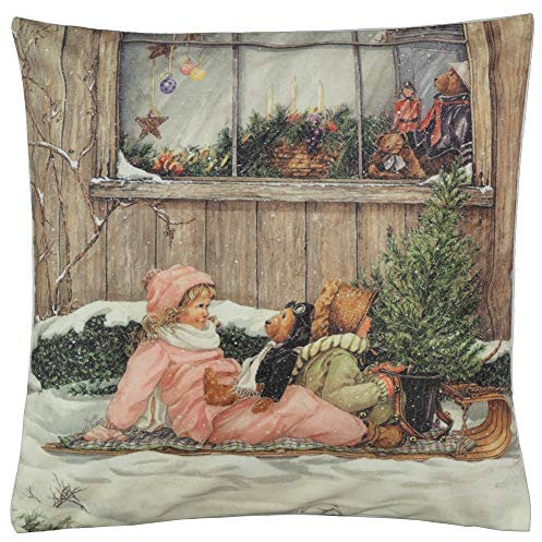 Raebel OHG Weiche Kissenhülle 40x40 cm Weihnachten Kinder mit Schlitten Weihnachtskissen Kissenbezug 100% Polyester