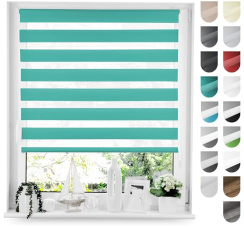 Tom'Shop® Doppelrollo DuoRollo [Türkis, 75cm x 150cm] Duo Rollos für Fenster Klemmfix ohne Bohren mit Klämmträger Fensterabdeckung Fensterrollo leichte Montage