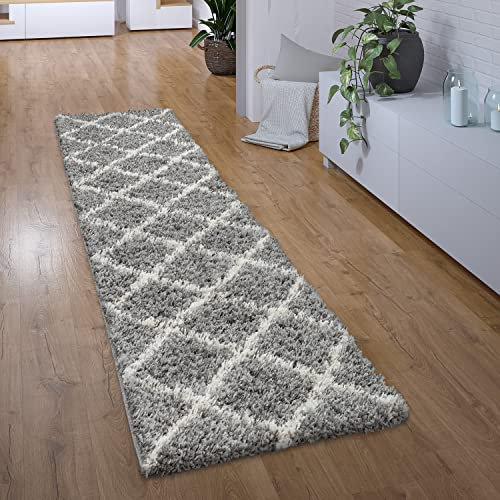 Paco Home Hochflor Teppich Läufer Flur Schlafzimmer Wohnzimmerteppich Shaggy Langflor Modern Skandinavisch Rautenmuster, Grösse:100x200 cm, Farbe:Grau