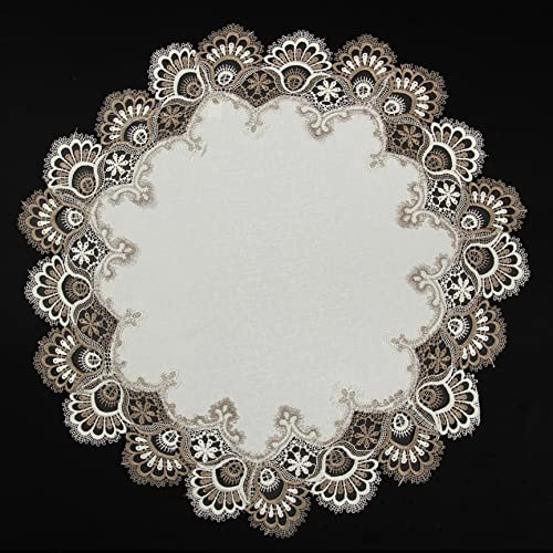 Edle Jacquard Tischdecke/ -läufer mit Spitzen in Braun/Weiß ca. 60 cm Rund