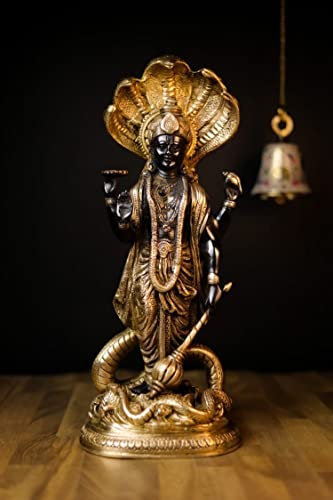 SHIVAJI ARTS Vishnu Statue, stehend, Idol, Messing, 44 cm, Schwarz / Gold, groß, 1 Stück
