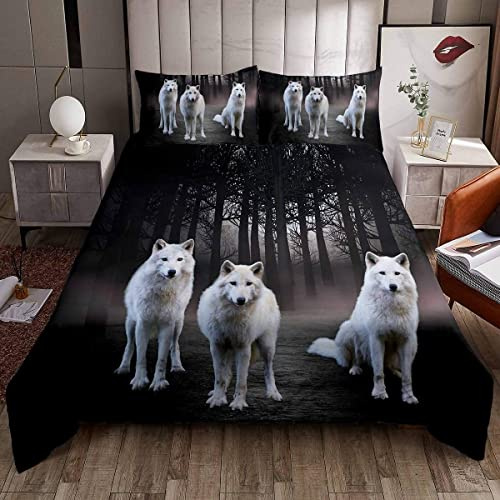 Loussiesd Wolf Bettbezug 3D Safari Tier Bettwäsche Set 135x200cm Wolf Family Muster bedruckter Bettbezug mit 1 Kissenbezügen für Zuhause Bettbezug Set Decro Soft Microfiber Woodland Bettwäsche