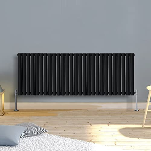 Warmehaus Modern Black Horizontal Single Oval Panel Radiator 600x1593mm | Slimline Designer, Wall Mounted or Floor Standing Radiators, Central Heating, Mild Steel, Bathroom Column Radiator