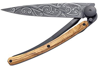 deejo - Couteau de Poche Pliant 37g - Manche en Bois d’Olivier, Lame en Acier Inoxydable Z40C13 - Motif Pacifique - Couteau de Table, Randonnée, Camping, Bivouac