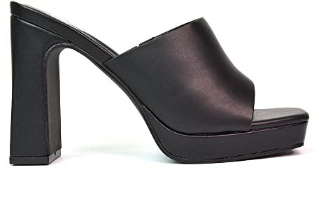 Womens Slip On Platform High Heel Mule Ladies Sqaure Peeptoe Black Synthetic Leather Shoes Size 6
