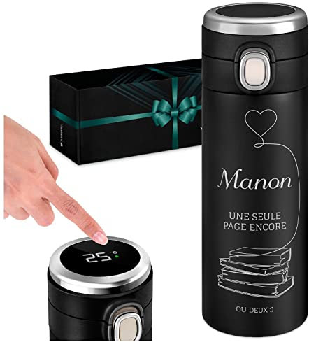 Maverton Mug de voyage personnalisé - Bouteille isotherme 400 ml - Tasse en inox avec Afficheur de température LED - Thermos gravé pour femme - anniversaire - pour elle - Livre