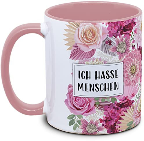 Tassenkasper - Tasse mit Blume und Spruch - Ich hasse Menschen - Geschenk für Kollegin, Tasse lustig