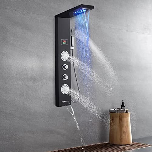 OUGOO Pannello doccia a LED senza batteria, colonna doccia con rubinetto e indicatore di temperatura, 5 modalità doccia (doccia a pioggia, cascata, getti massaggianti, doccetta e beccuccio vasca da