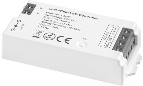 SEZO C02RF 2.4GHz Dual White LED Controller Helligkeit einstellbar DC5-24V | Kompatibel mit Tuya Gateway RC02RFB/W CCT Remote für CCT Tunable Dual White 2700K-6500K LED Streifen (keine Fernbedienung)