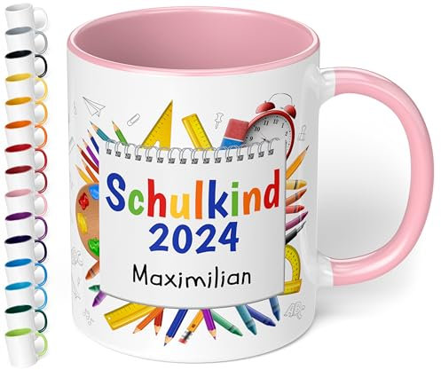 Geschenk zur Einschulung für Mädchen und Jungen: Tasse „Schulkind 2025“ - mit NOTIZBLOCK-Motiv - personalisiert mit Namen für Erstklässler - kleines Geschenk für Schüler 1. Klasse, Rosa