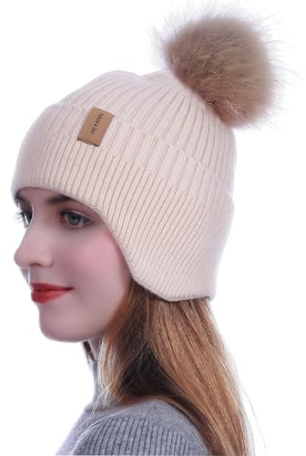 HEYANN Mütze Damen mit Ohrenklappe,Wintermütze Herren Strickmützen für Damen Fahrradhelm Beanie Hut Unisex Winter Beanie Hut Outdoor Skimütze für Männer und Frauen (Beige)