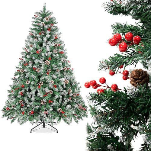 Arbol de Navidad Plegable con Decoracion Piña Frutos Rojos y Nieve, Arbol Navidad Artificial Fibra Natural Verde Robusto con Soporte de Pie Metal Fácil Montaje para Exterior e Interior (210cm 900Tips)