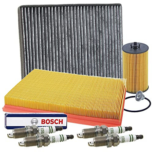 BESTPRICE Inspektionspaket Filterset mit 1x Luftfilter, 1x Innenraumfilter (Pollenfilter) mit Aktivkohle, 4x Zündkerze Super FQR8LEU2 Kompatibel mit OPEL ASTRA G (T98)(T98) (F35) (T98), ZAFIRA B (A05)