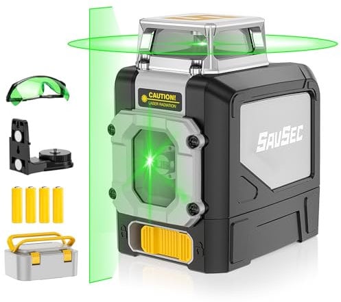 Laser Wasserwaage Grün 45 M, SAVSEC 1 × 360° Kreuzlinienlaser Selbstnivellierendes, 5 Linien Kreuzlaser Laser-Wasserwaage mit Manuell, Automatisch, Pulsmodus für Innenbereich Baustelle