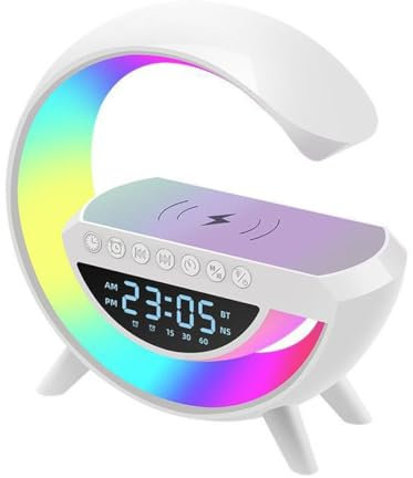 Multifunctional Bluetooth Speaker-Colorful Atmosphere Light Wireless Charging and Clock All-in-one Machine, G Shaped Smart Lamp and Bluetooth Speaker with Wireless Charger for Bedroom (with Clock)