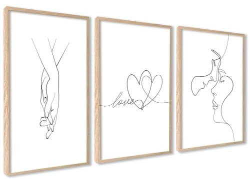 3er Set Poster A3 Mit Rahmen Holz Wanddeko Wohnzimmer Ideal als Geschenk | Line Art Liebe Küssen Hand in Hand Weiß Sprüche Zitate Bilder Wanddeko, Modernes Design, Hochwertige Qualität, Schlafzimmer