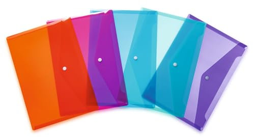 HERMA 20073 Dokumententaschen A4 Transparent Sortiment, 5 Stück, kleine Sichttaschen Umschläge mit Druckknopf, Briefumschläge aus Plastik für Schule, Büro, Reise, bunt