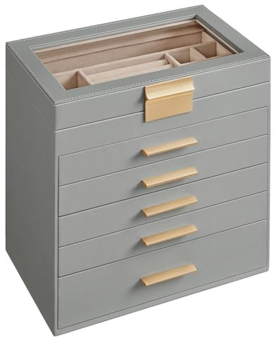 SONGMICS Caja de Joyas, Caja Joyero con 6 Niveles, Estuche para Joyería con Tapa de Cristal, 5 Cajones, para Gafas de Sol, Joyas Grandes, Moderno, Gris Paloma y Dorado JBC171G01