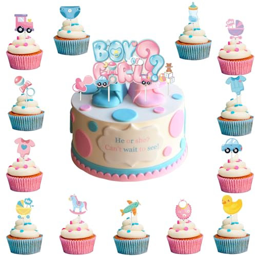 ALEGRE Boy or Girl Tortendeko,16 Stück Gender Reveal Party Deko Kuche,Blau Rosa Tortendeko Babyparty,Baby Cupcake Topper,Girl or Boy Cake Topper,Kuchendeko für Baby Shower,Taufe,Gender Reveal Party