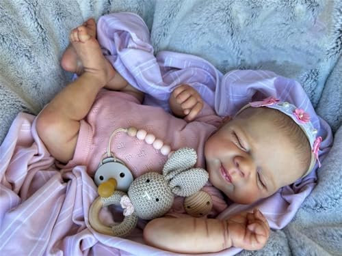 Anano Reborn Baby Mädchen- 48CM/19 Zoll Reborn Puppen Lebensechte Babypuppen Newborn Baby Puppe Wie Echtes Baby Puppe Silikon Babypuppe Mit Haaren Und Schnullerkette