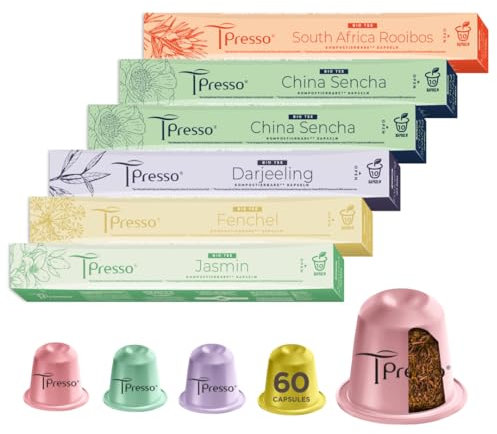 Tpresso® Lot de 60 capsules de thé bio de qualité supérieure - Compatibles avec les machines à capsules Nespresso®³ - Compostables industrielles - Fenouil, Earl Grey, Jasmin, Rooibos, English