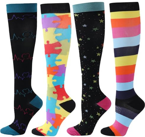 BISOUSOX Unisexe Chaussettes de Contention 4 Paires Chaussettes de Compression de Running Homme Femme 15-20mmHg Chaussettes Montantes Femme Cadeaux de Maternité Chaussettes de Cyclisme Sport