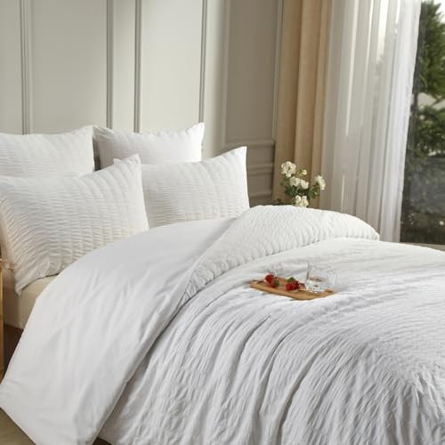 Luowei Seersucker Bettwäsche 135x200cm 4teilig Sommer Streifen Strukturiert Bettbezug mit 2 Kissenbezug 80x80 cm Leicht Weich Atmungsaktiv Oeko-TEX Bettwäsche-Sets Weiß mit Reißverschluss