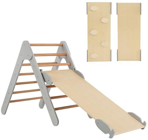 DREAMADE 3 in 1 Montessori Kletterdreieck mit 2-seitiger Rampe, Holzdreieck Sprossendreieck Kletterspielzeug aus Holz, Indoor Klettergerüst zum Rutschen & Klettern für Kinder ab 1 Jahr (Grau)