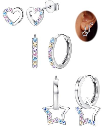 3 Paires Hypoallergéniques Boucles d'oreilles Femme Argent 925 Poteau Coeur Étoile Boucles d'oreilles pour Femmes Enfants Fille Clou d'Oreilles Creoles Pendantes Boucle d'oreille Femme Ensemble