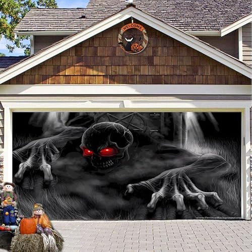 Hixingo Garagentor Banner, Tür Banner Happy Halloween Banner Poster Party Banner Hintergrund Türdeko Haustür Halloween Outdoor Deko für Dekoration Veranda Wand (Skelett,400x180cm)