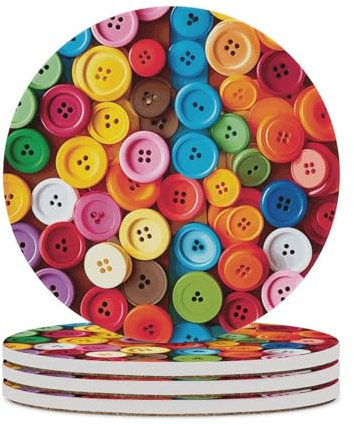 Keramikuntersetzer mit farbigen Knöpfen und saugfähigem Korkboden für Tassen 4 Stück