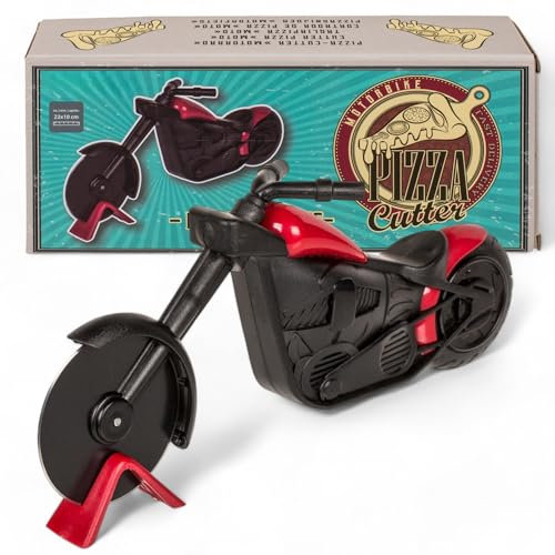 MIJOMA Cortador de pizza para moto, moderno diseño de motocicleta, rueda de acero inoxidable, cortador de pizza con soporte, rueda de pizza de aprox. 22 x 10 cm