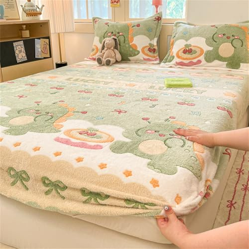 Treer Spannbettlaken im Flanell Winter, Spannbetttuch Boxspringbett Topper-Flauschige Plüsch -Bettlaken mit Rundum Gummizug-Matratze bis 28 cm Hohe (Niedlicher Druck 2,150x200+48x74cm)