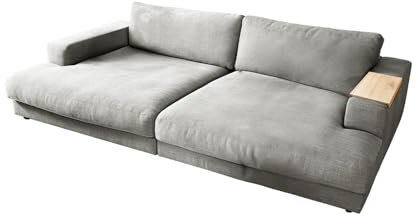 KAWOLA Big Sofa Madeline - Couch XXL mit Holztablett & Stoff Silber | Megasofa Wohnzimmer | Lounge Sofa Groß | Moderne Wohnlandschaft