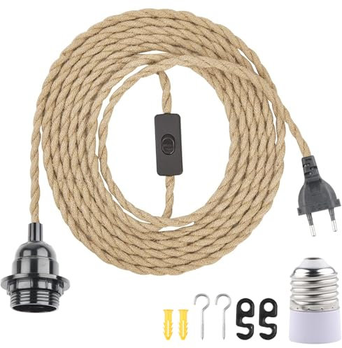 BlueXP Douille de Lampe E27 Vintage avec Interrupteur et Câble 6m en Corde de Chanvre Tressée Vintage Anneau à Vis pour DIY Lampe Suspension Lumière Pendante Industrielle pour Salon Chambre Bar