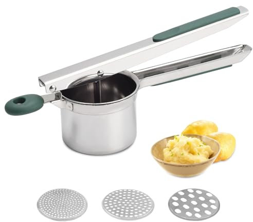 Kartoffelpresse, große, robuste Kartoffelpresse aus Edelstahl, 425 ML, zum Stampfen und Pressen von Kartoffeln, Küchenwerkzeug, Presse für Kartoffelpüree (Green-3Discs)
