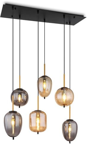 bmf-versand® Rauchglas Hängelampe Esstisch 6-Flammig aus Glas - Moderne Pendelleuchte als Wohnzimmerlampe Schlafzimmerlampe hängend Rauchglas Amber Messing - Hängeleuchte Deckenleuchte Flur E14