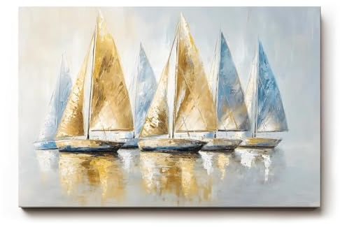 Sinus Art Wandbild 90x60cm Dynamisches Motiv mit sieben Segelbooten in Blau und Goldtönen – stilvoll und maritim zugleich