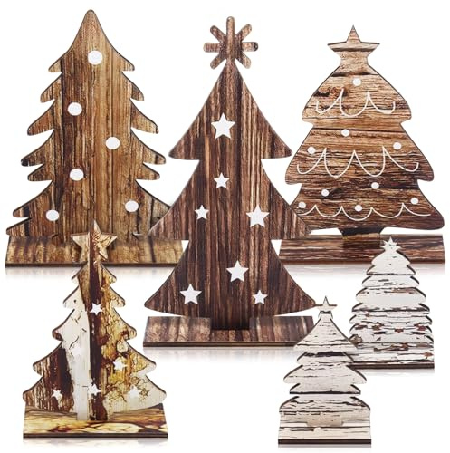 JOKILY Mini-Weihnachtsbaum aus Holz, 6 Stück Mini Holz Tischplatte Weihnachtsbaum, Weihnachtsspielzeug Set, Abnehmbare Ornamente Weihnachtsdekoration, Geschmückt für Weihnachten Raum Tischdekoration