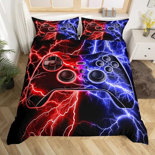 Homewish Gaming King Size Duvet Cover Set Gamer Bedding Sets - Video Game Consoles Comforter Cover Red Blue Lightning Bed Sets - Gaming Decor for Boys Bedroom