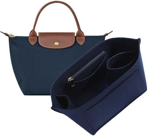 OAikor Premium Felt Purse Organizer Insert for Longchamp Le Pliage S Handbag,Zipper Small Handbag Organizer with Cup Holder,Bags Storage Divider with 8 Upgraded Deepened Compartments,S/Navy-blue